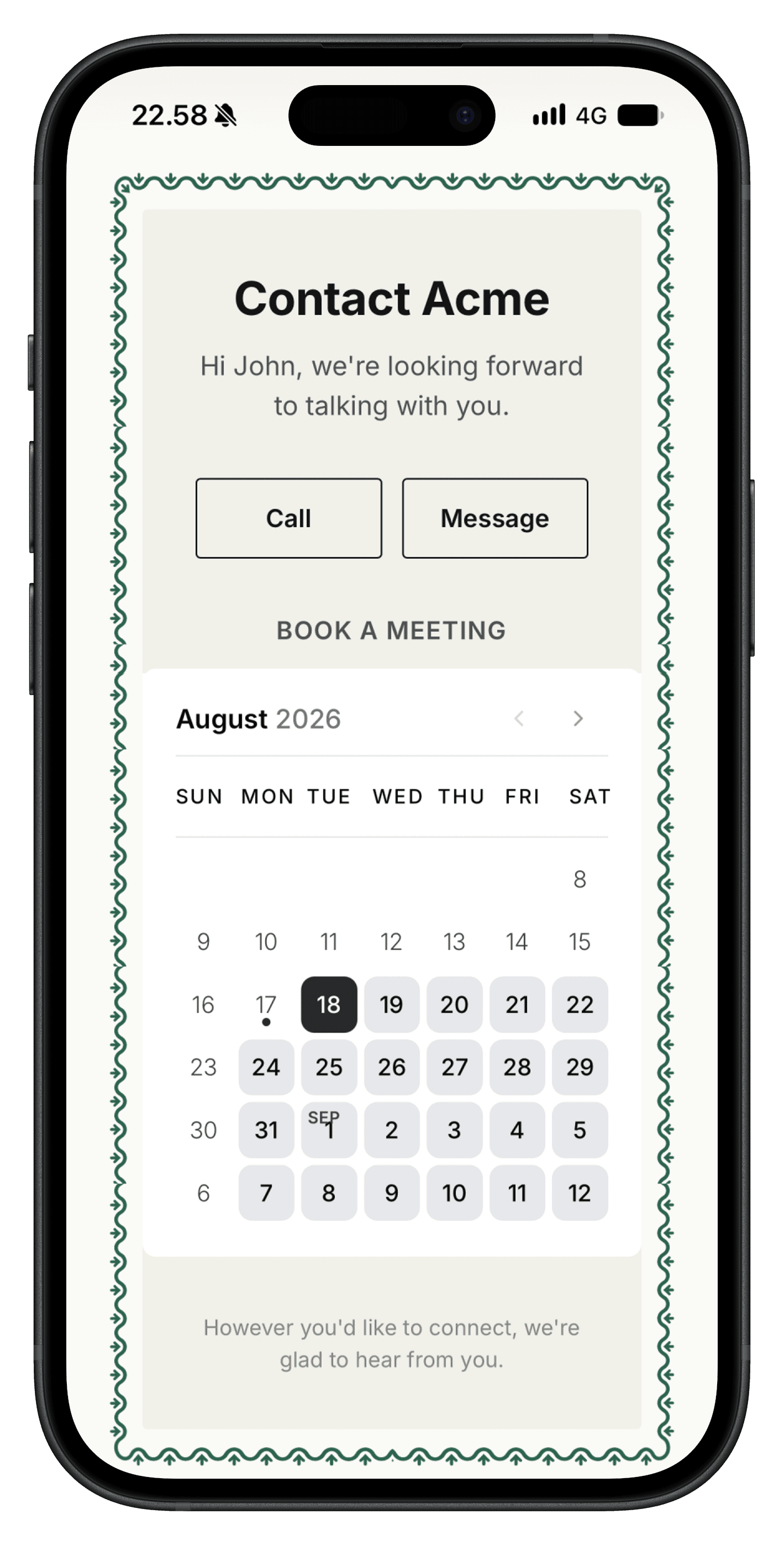 The page a prospect lands on after scanning the letter's QR code: a personal greeting and buttons to book a meeting, call, or send a message