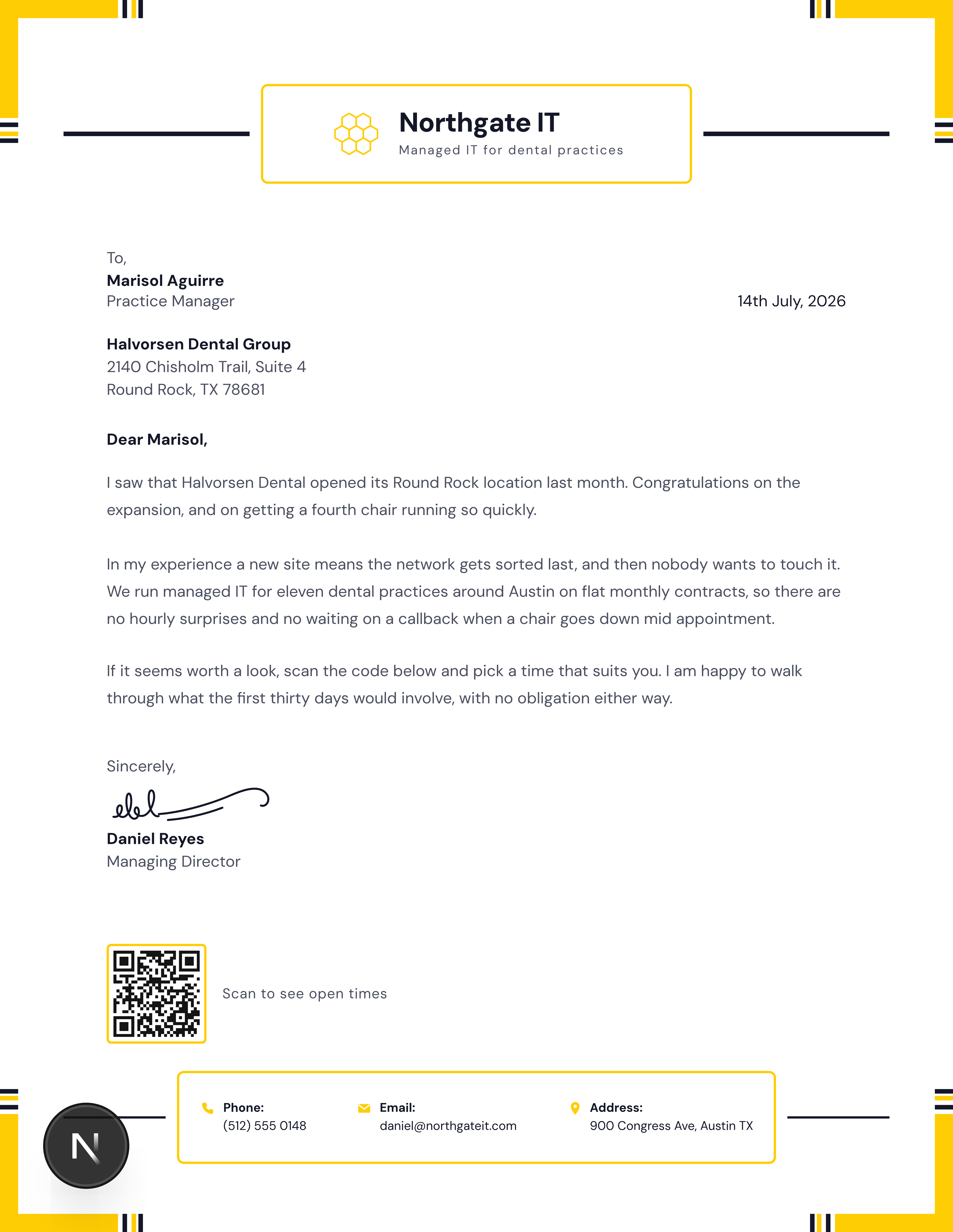 Letter to Marisol Aguirre from Northgate IT: a note about their new Round Rock location, an offer of managed IT support, and a QR code to scan and book a time